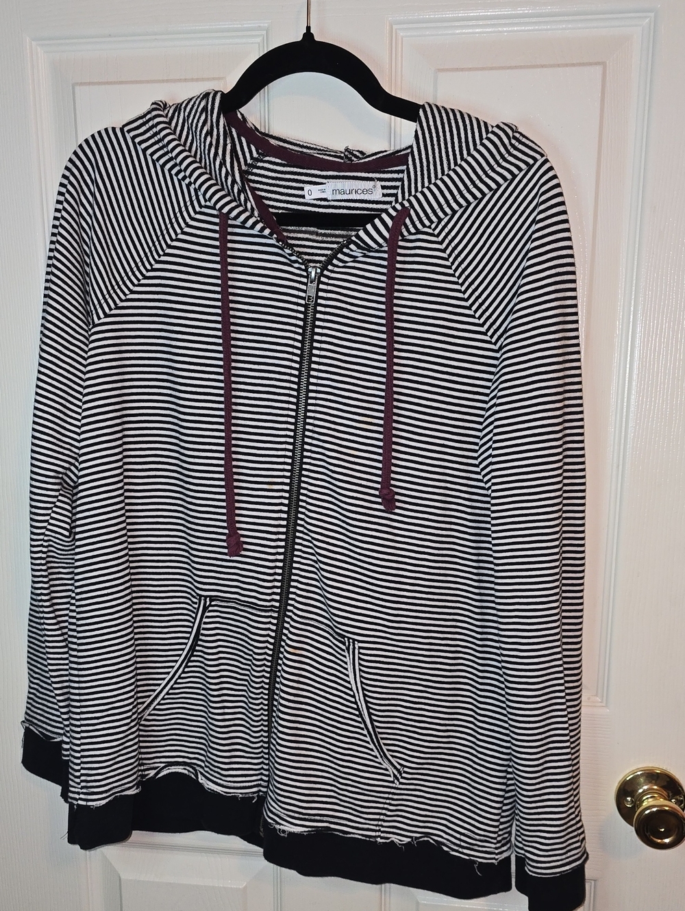 Maurices Black & White Striped Zip-Up Jacket with Burgundy Drawstrings